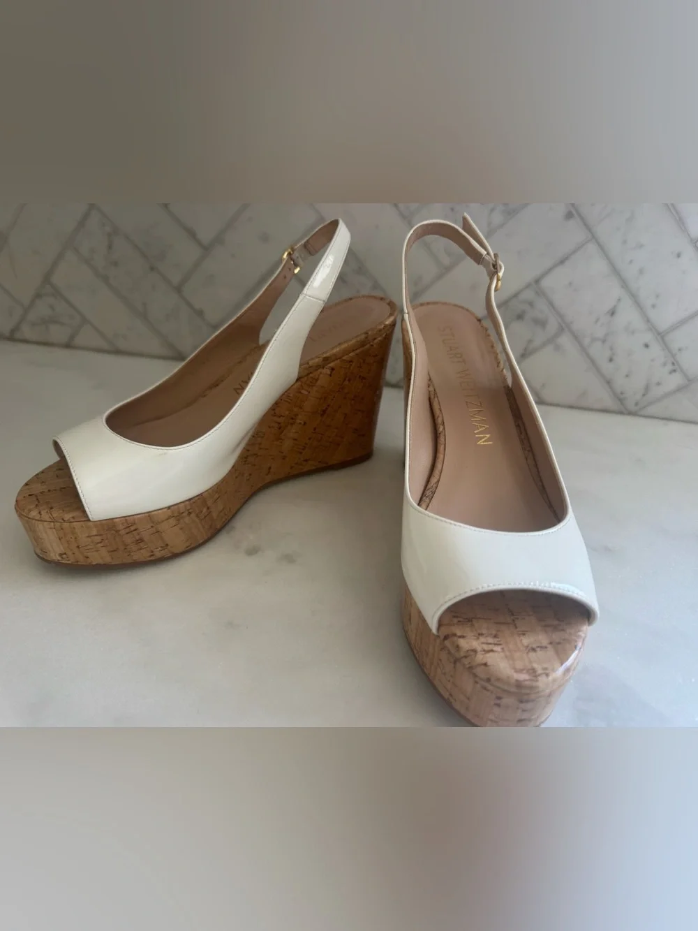 Stuart Weitzman White Patent Cork Platform Wedge Slingbacks 8.5 - Picture 15 of 15